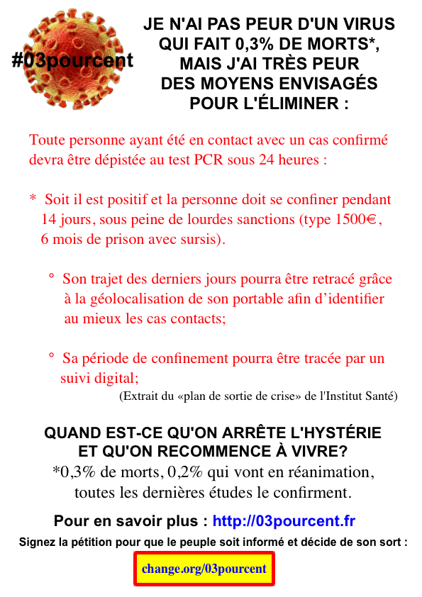 Affiche: Je n'ai pas peur d'un virus qui fait 0,3% de morts, mais j'ai très peur des moyens envisagés pour l'éliminer